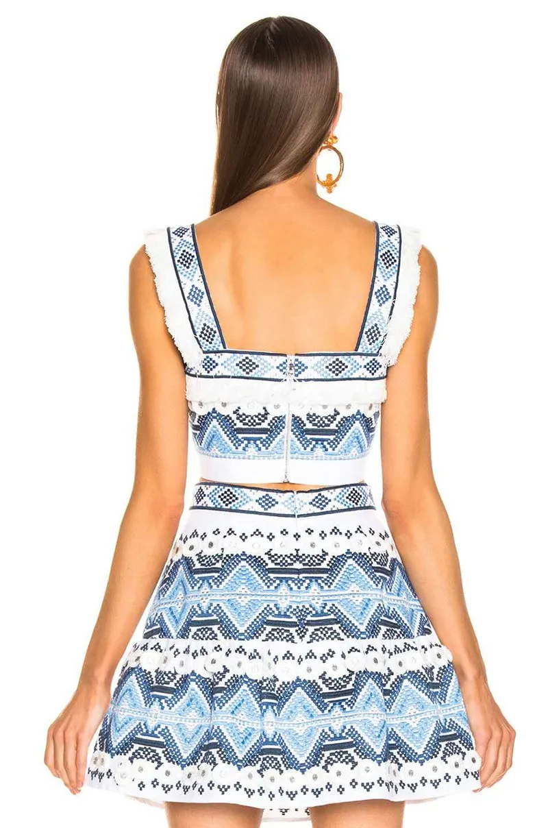 Runway Designer Floral Printed Two Piece Set 2019 Summer Sweet White Embroidery Patchwork Top Short 2 piece outfits women (3)