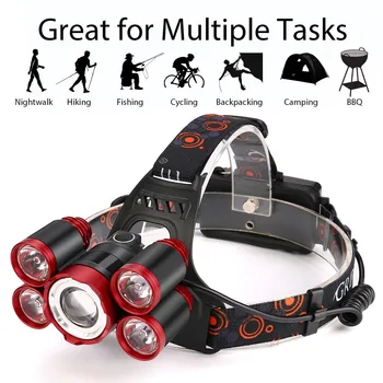 

NEW 5X XM-L T6 LED 35000L Rechargeable Headlamp Headlight Travel Head Torch Aluminum alloy 219g light AP0803