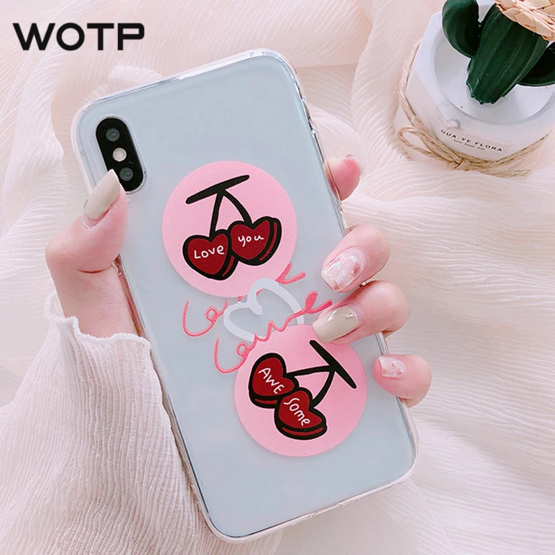

WOTP Summer Cute Cherry Love Heart Phone Cases For iPhone X XS Max XR 6 6S 7 8 Plus Clear Soft TPU Cases Candy Color Back Cover