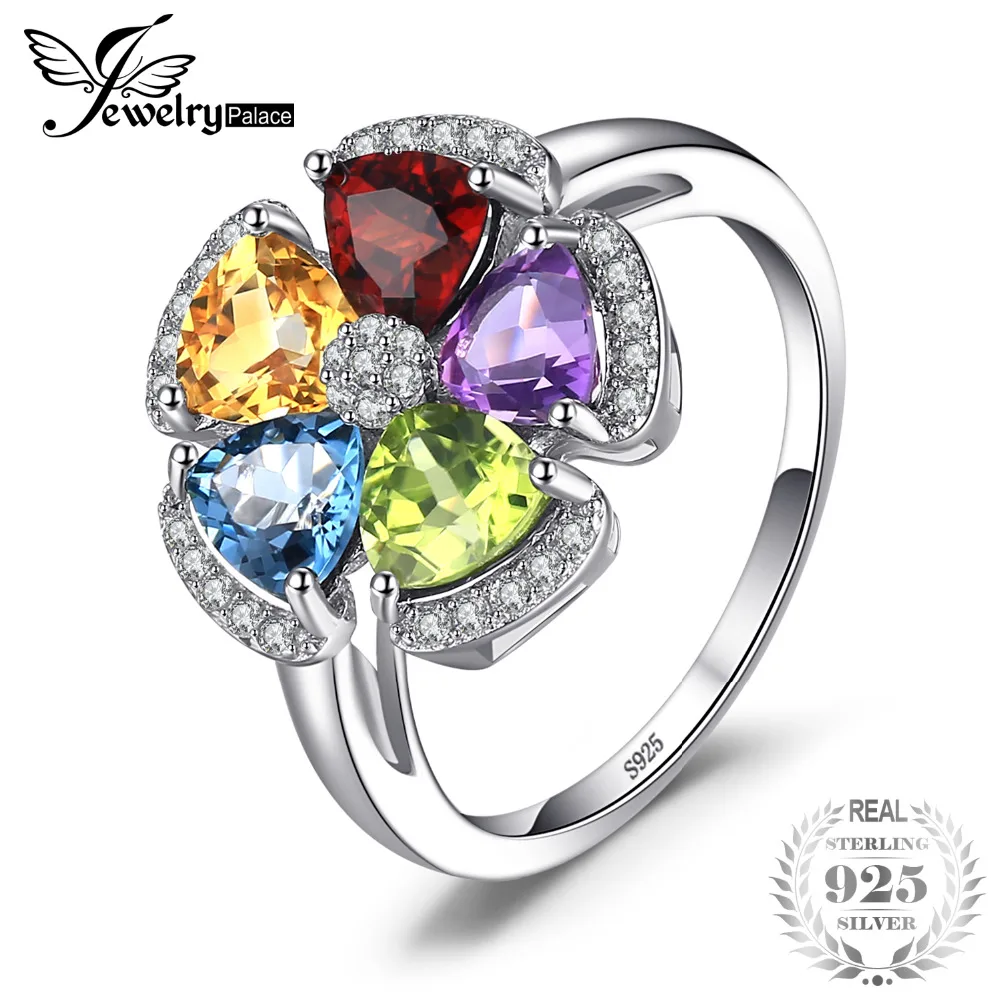 JewelryPalace Fower 2.6ct Natural Blue Topaz Amethyst Citrine Garnet Peridot Ring 925 Sterling Silver Gemstone Fine Jewelry