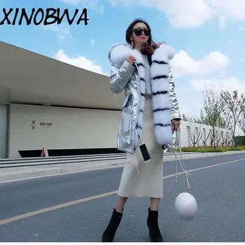 

Deri Ceket Women Winter Large Natural Real Fox Fur Cuff & Liner Thick Warm Silver Jacket Coast Female Waterproof Loose Parkas