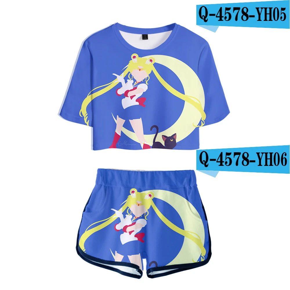 3D Сейлор Мун роса пупка футболка наборы аниме Женский комплект из двух предметов Короткие штаны летние дышащие каваи Сейлор Мун принт одежда - Цвет: 3D