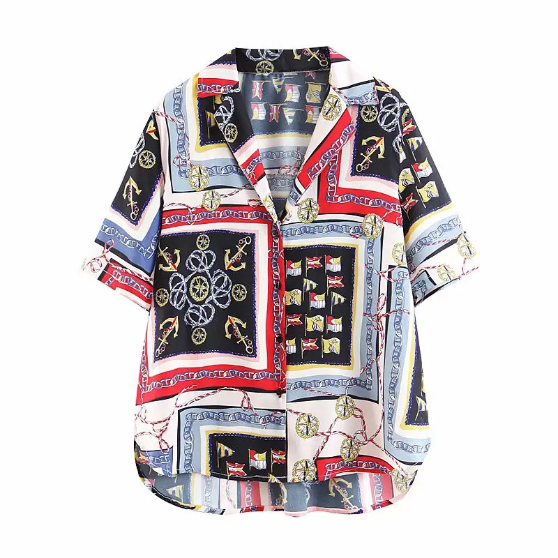 

Summer Printed Shirt Women Hip-hop Short Sleeve Casual Female Short Faux Satin Invisible Buckle Shirts Ladies Tops Loose Shirt