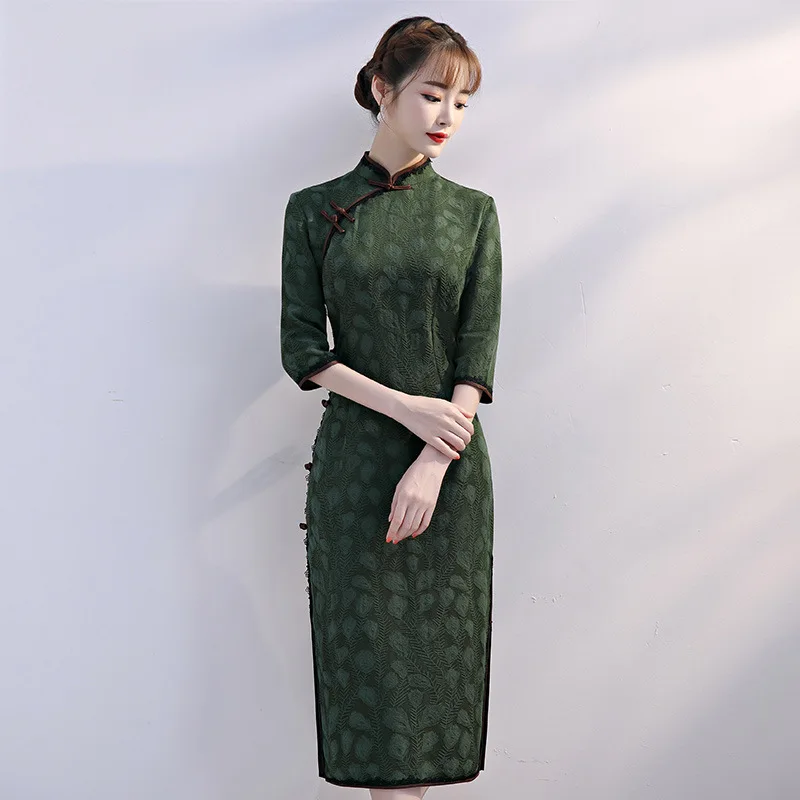 Мода г. по колено Cheongsam китайский стиль воротник стойка платье женские весна Ципао из хлопка Тонкий платья для вечеринок Vestido
