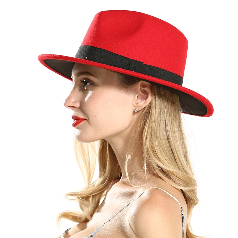 Fashion Polyester Cotton Red Black Wide Brim Fedora Hats for Festival