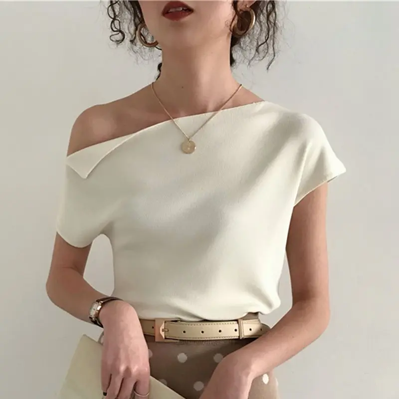 

2019 Korean Style White Knitted Top Women T Shirt Summer Black Sexy One Shoulder Yellow Tshirt Girl Casual Street Chic Pink Tees