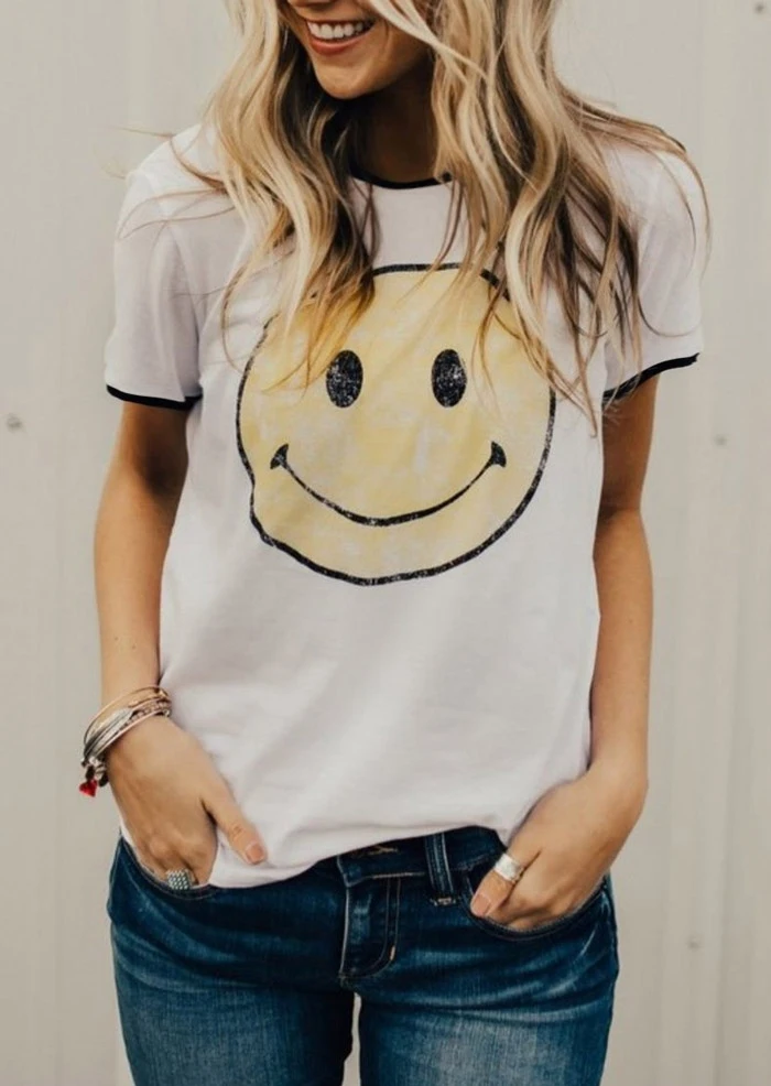 

2019 T-Shirt Women Smile Print Splicing Short Sleeve T-Shirt Summer Female O-Neck t shirt Casual White Ladies Tops Tee