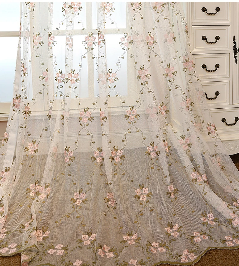Европейский классический элегантный цветок вышивка занавес сетки для свадьбы спальня бежевый розовый хлопок полиэстер шторы Марля WP366C