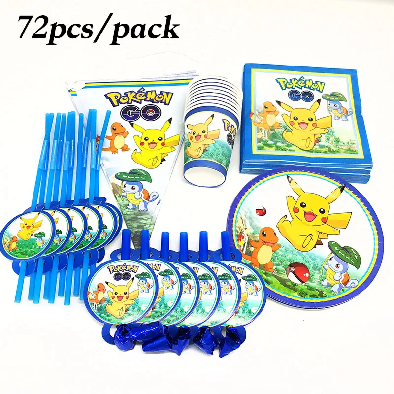 72pcs Pokemon Go disposable plates cups napkins straws theme tableware set party flags | Дом и сад