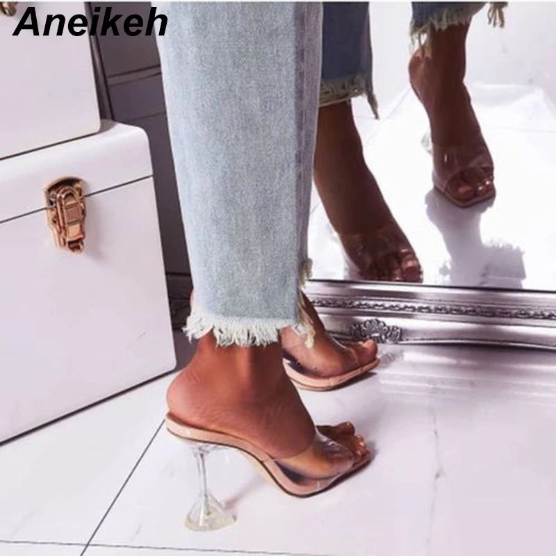 Aneikeh New Summer Rome PVC Transparent Slippers Women's Shoes Open Toe Clear Thin High Heel Crystal Orange Apricot Silver