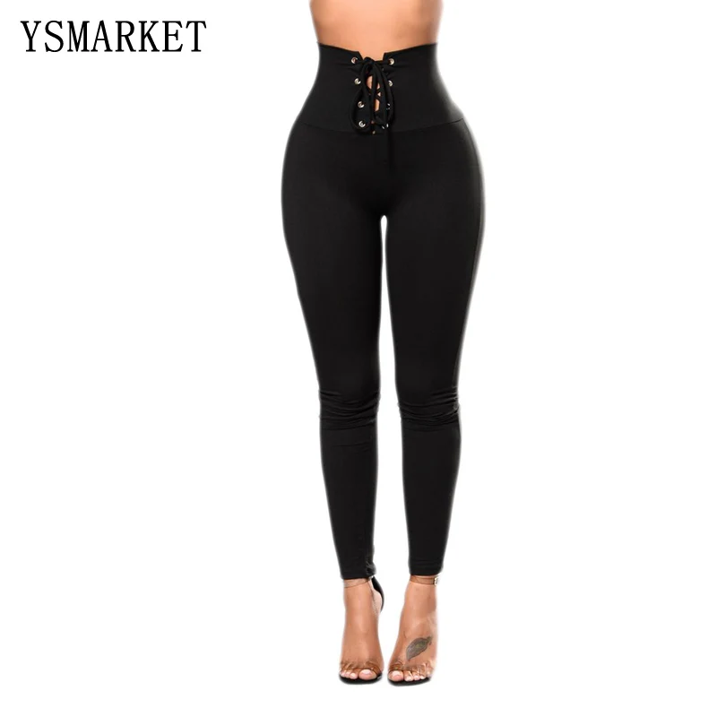 Solid Lace Up High Waist Cincher Leggings Women Vintage Thin Ankle