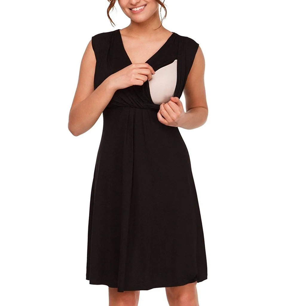 MUQGEW Women Maternity Dress For Breastfeeding Sleeveless Comfy Layered Nursing Solid Color V-neck Maternity Breastfeeding Dress