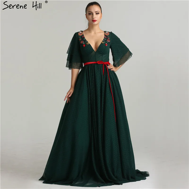 

Sexy Deep-V Tulle Beach Evening Dresses 2019 Half Sleeves Dots Flowers Evening Gown Real Photo Serene Hill LA6341