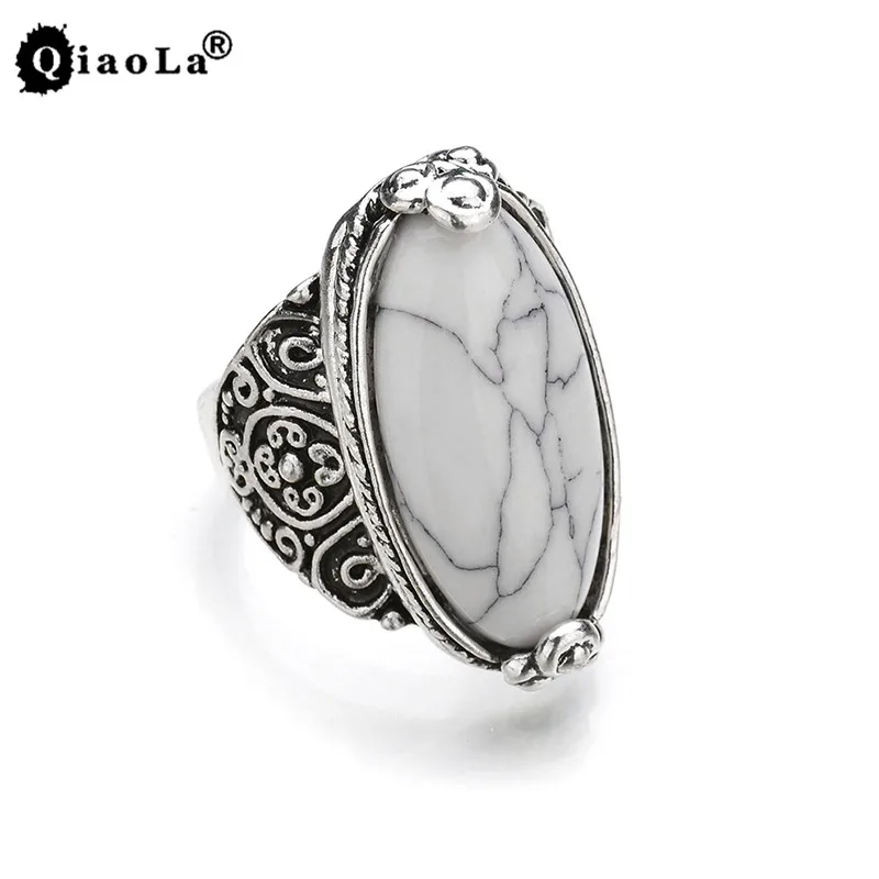 

2017 Bohemian Retro Tibet Alloy Silver Tibetan Rings 5 Colors Vintage Punk Opal Black White Green Stone Hollow Rings For Women