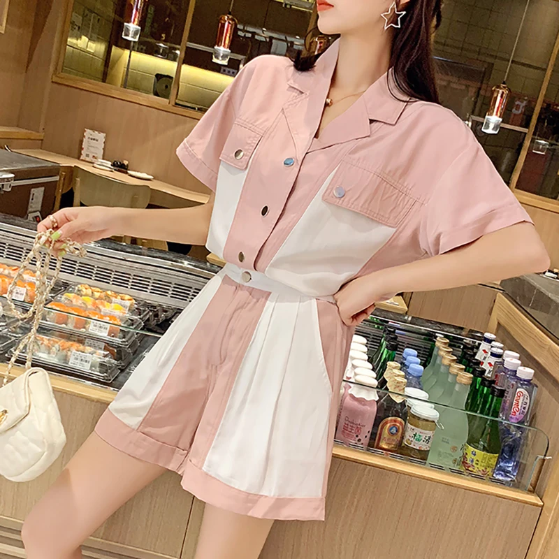 

Luftmensch 2019 Summer Women's Tracksuit Solid V-Neck Patchwork Shirt And Loose Pants 2 Piece Set Slim Tracksuit Set Women