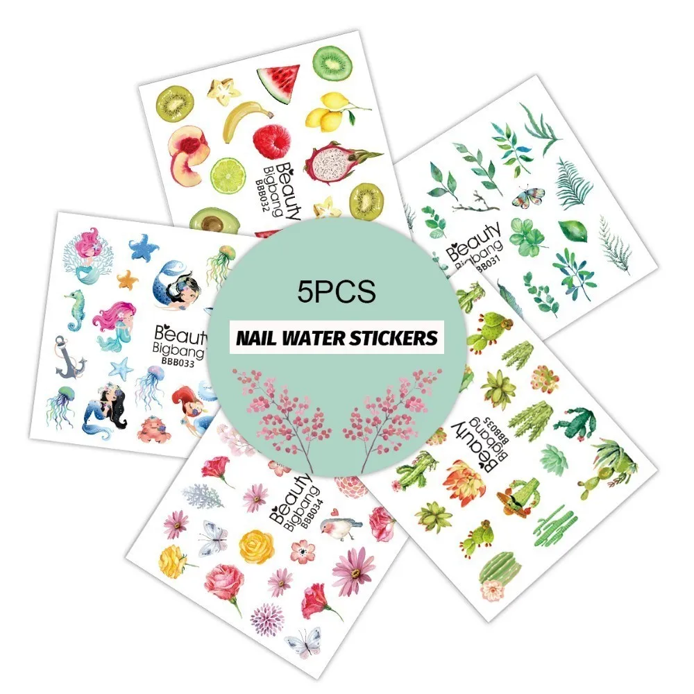 

BEAUTYBIGBANG 2 Sheets DIY Tattoo Water Transfer Nail Sticker Decals Fruit Leaf Flower Mermaid Cactus Patterms Ship From China