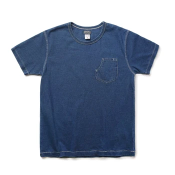 

Bronson Indigo Work T-Shirt Pocket Mens Cotton Shirt Men Short Sleeve Tee Slim Fit Tops Casual Vintage Clothes Solid Color