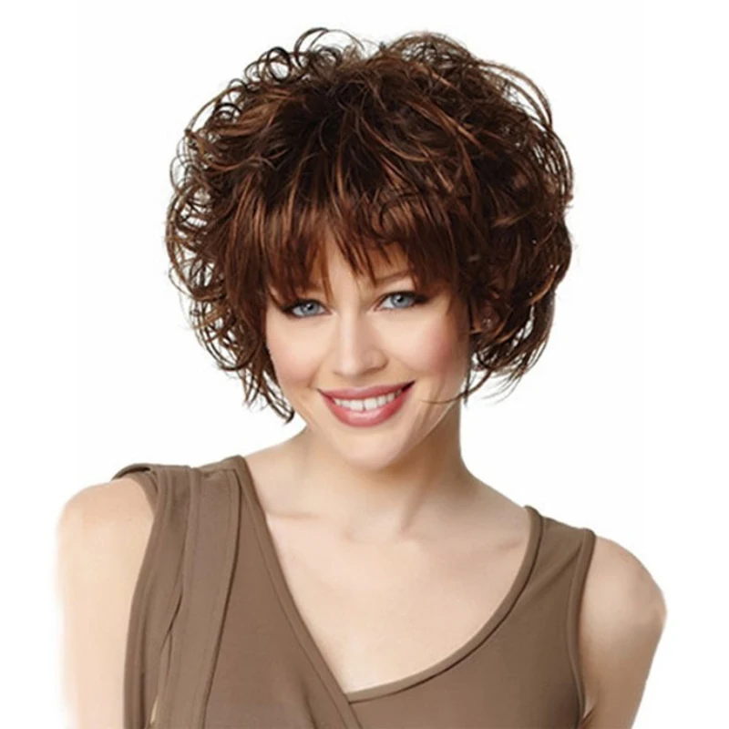 

cheap ladies short fluffy wigs synthetic hair dark brown wig curly realistic wigs older women heat resistant wig cosplay ombre