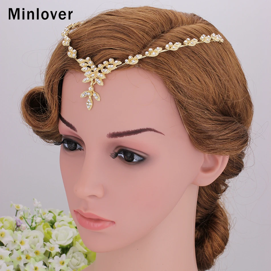 Minlover Vivid Leaves Gold Color Wedding Hair Accessories Crystal Bridal Headbands Fashion