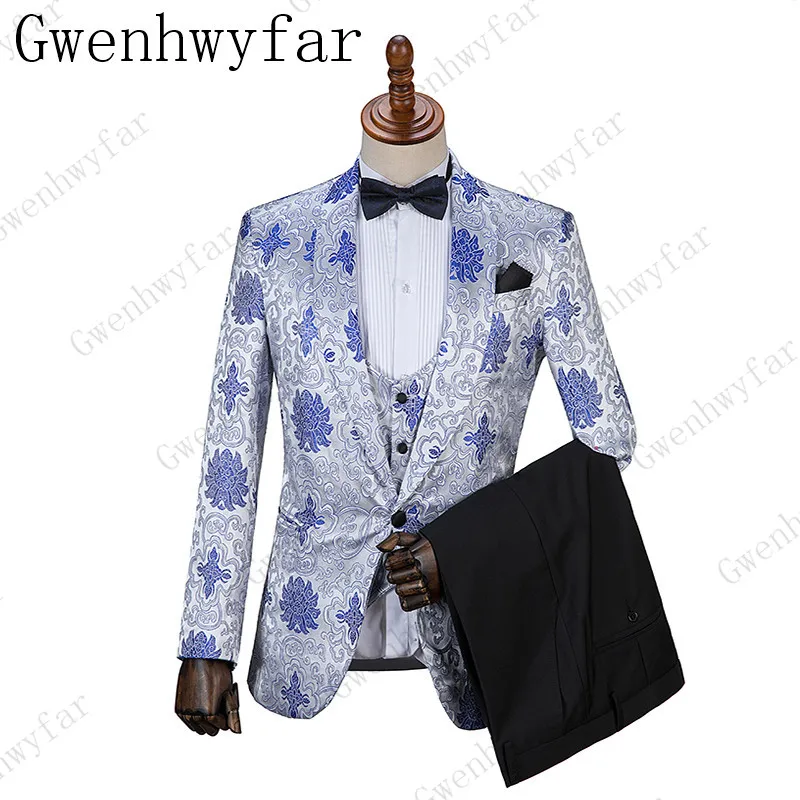 

New For Blue And Silver Pattern Groomsmen Groom Tuxedos Men Suits Wedding Prom Dinner Best Man Blazer(Jacket+Pants+Vest)