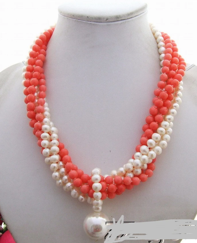

ddh001500 Charming! 6Strads Pearl&Coral&Sea Shell Pearl Necklace