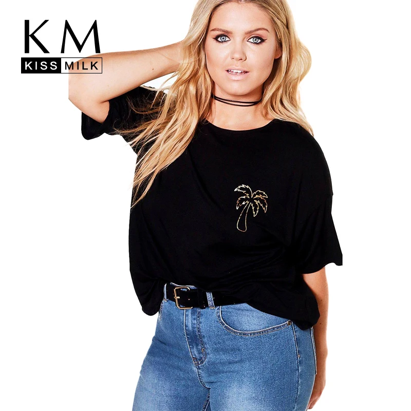 Kissmilk размера плюс Золотой кокоса, Одноцветный принт, черная футболка короткий рукав с круглым вырезом Для женщин базовые Топы большого размера Размеры футболка 3XL 7XL
