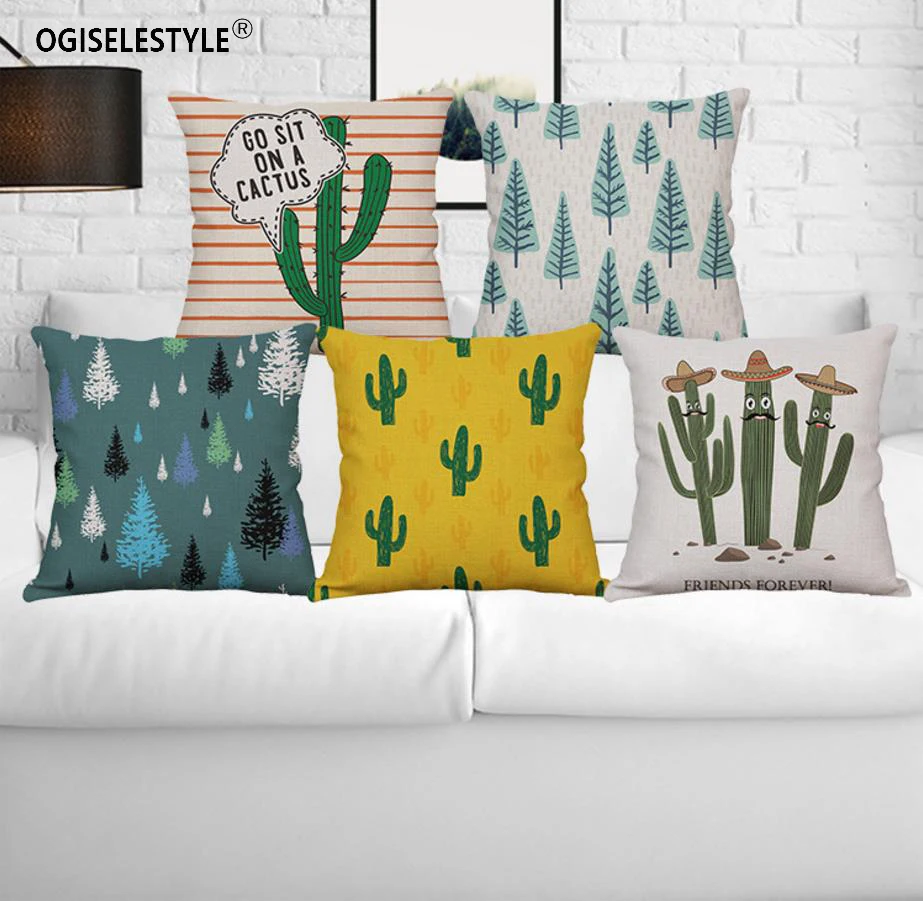 Ogiselestyle Cartoon Cactus Pillowcase Home Car Decor Sofa Chair Cushion Cover Couch Cotton Linen Bedromm Decor