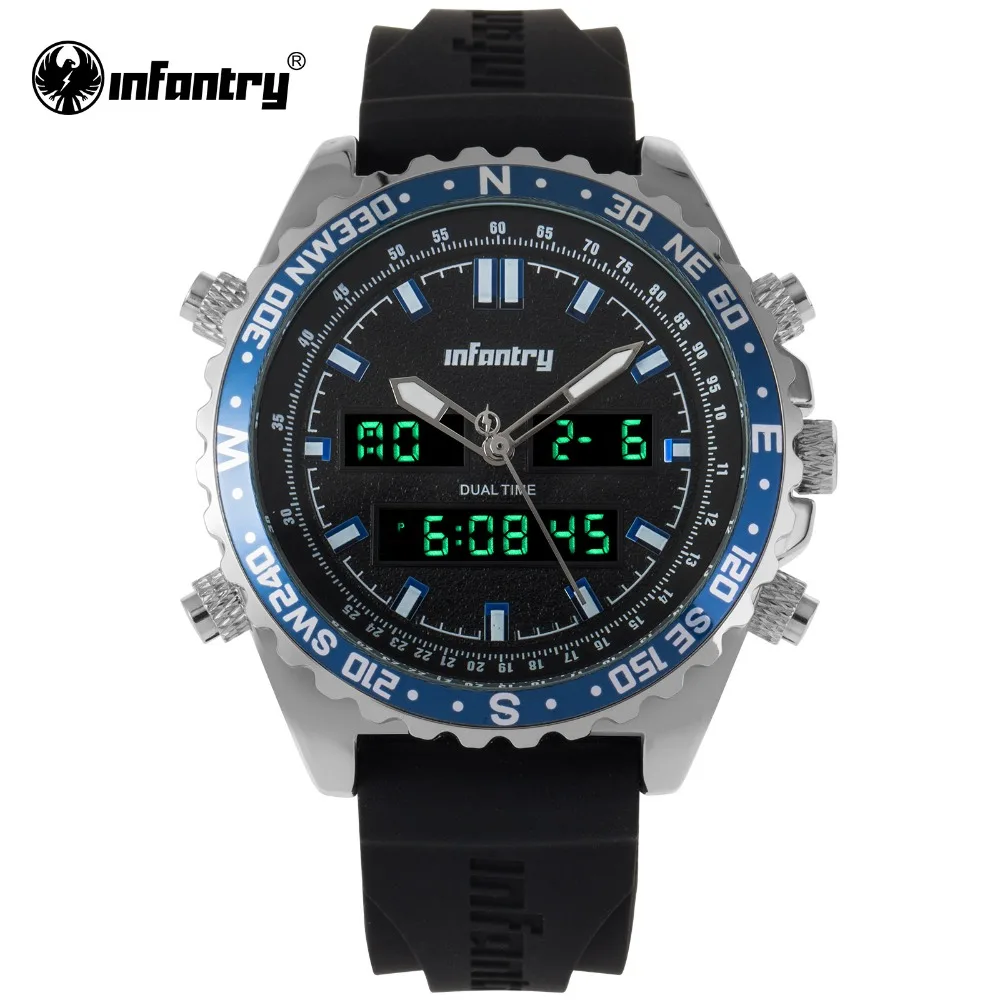 

INFANTRY Sport Watch Top Brand Dual Time Digital LED Date Day Analog Black Rubber Strap Mens Quartz Watches Military Wristwatch