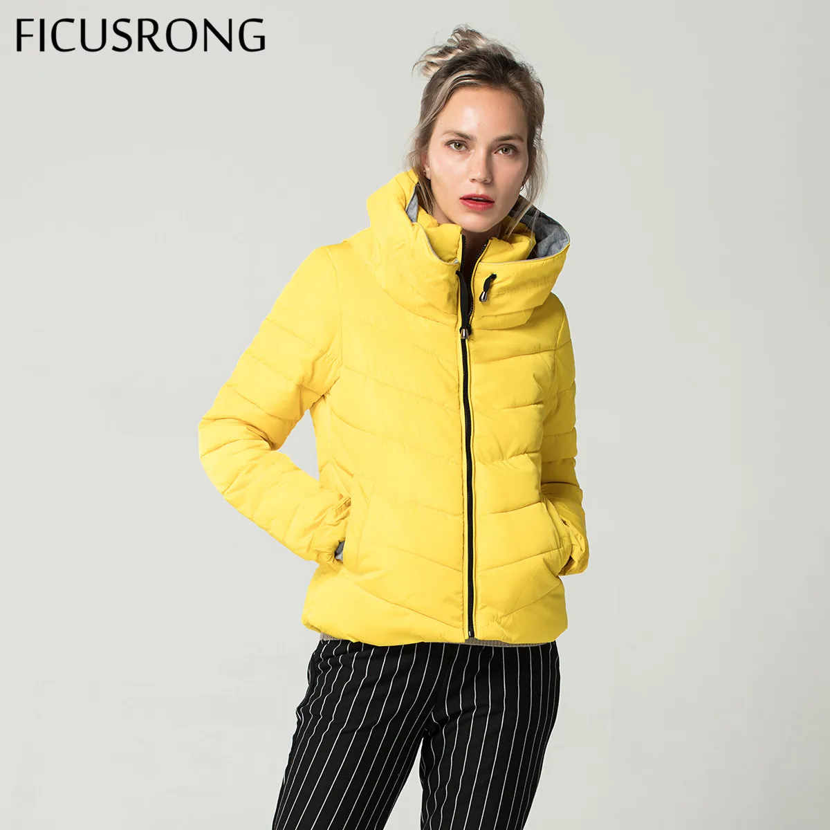 FICUSRONG Women Autumn Winter Jacket Stand Collar Cotton Padded Slim Hooded Female Basic Jacket Outerwear Coat casaco feminino