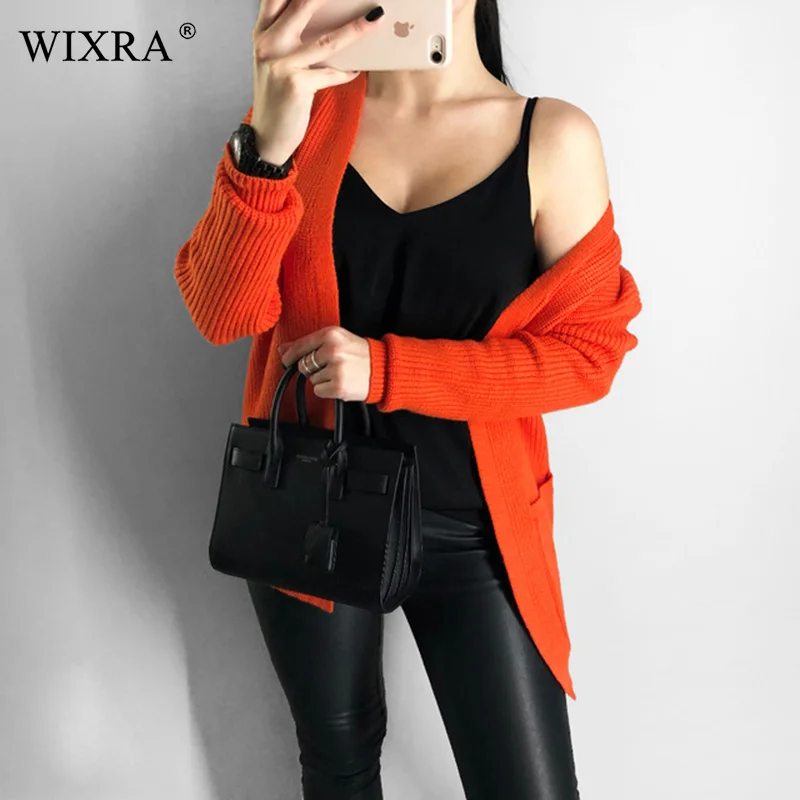 

WIXRA 2018 New Fashion Knitted Cardigan with Pockets Casual Long Sleeve Red Cardigan Jumper Autumn Winter Women Sweater AW090