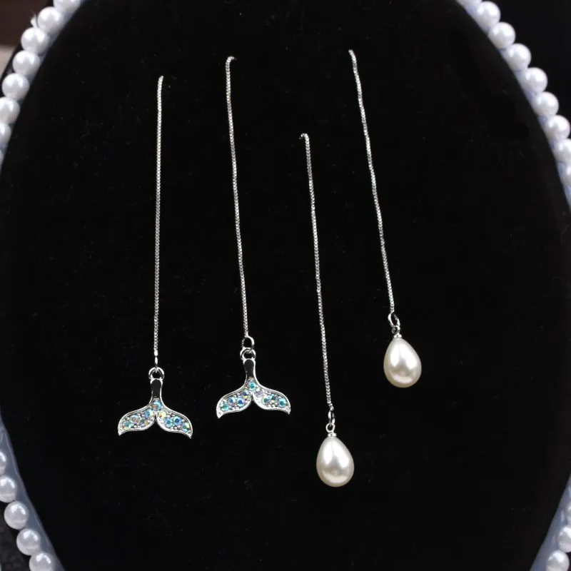 

EK208 Long Tassel Simulated Pearl Drop Earrings for Women Crystal Whale Fish Tail Ear Line Korean Wedding Jewelry Pendientes