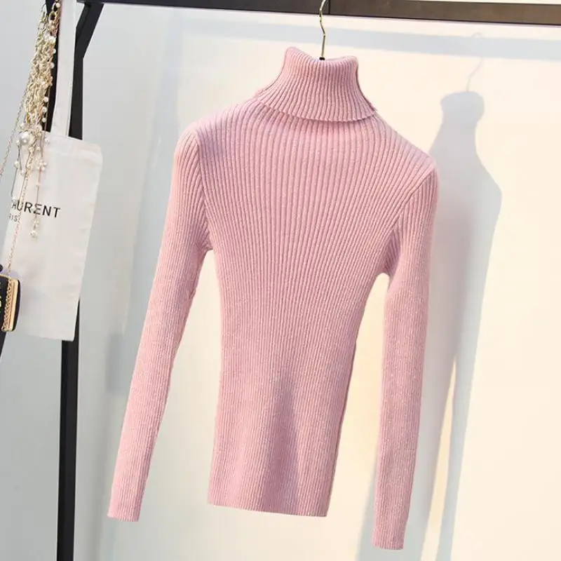 Базовый свитер с высоким воротником для женщин блестящие пуловеры с длинным рукавом трикотажные топы Женский пуловер рубашки Зимние вязаные топы ткань