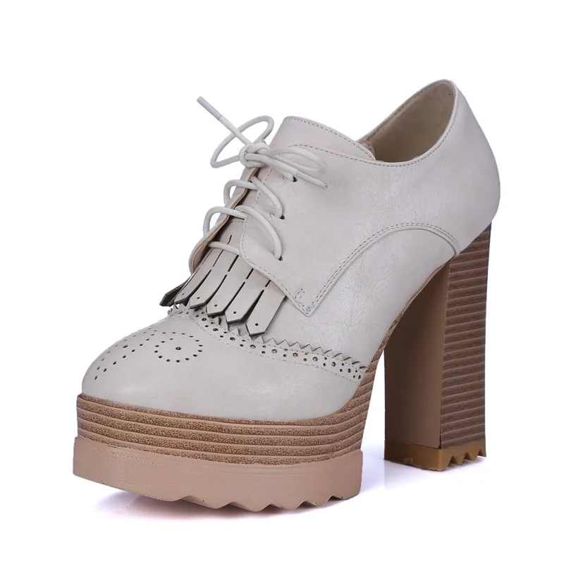 Gdgydh/демисезонные туфли-лодочки на Высоком толстом каблуке; женская обувь на платформе с круглым носком и шнуровкой; Повседневная Офисная Женская обувь; 42 - Цвет: beige 1