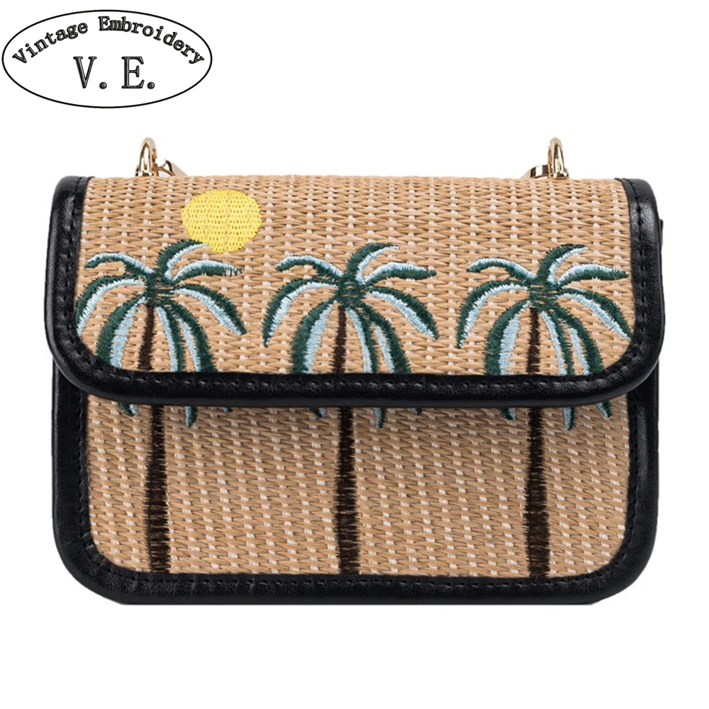 

2019 Summer New Women Tree Embroidered Straw Bag Female Woven PU Fashion Travel Beach Bag Simple Shoulder Messenger Bag