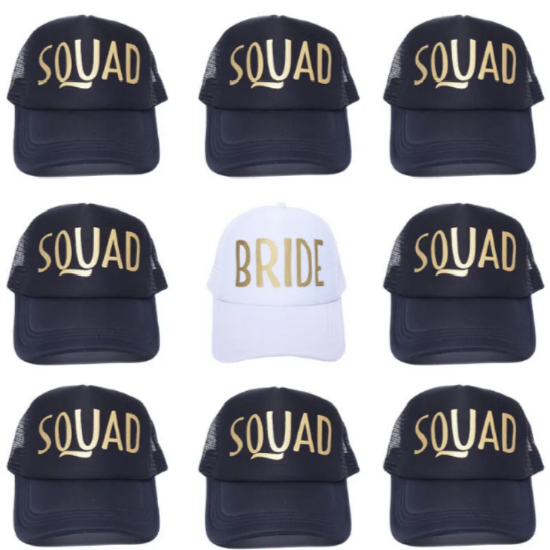 

Gold Printed Squad Mesh Women Baseball Cap Wedding Party Bride Tribe Summer Sports Hat Wedding Club Snap Back Trucker Hat Bone