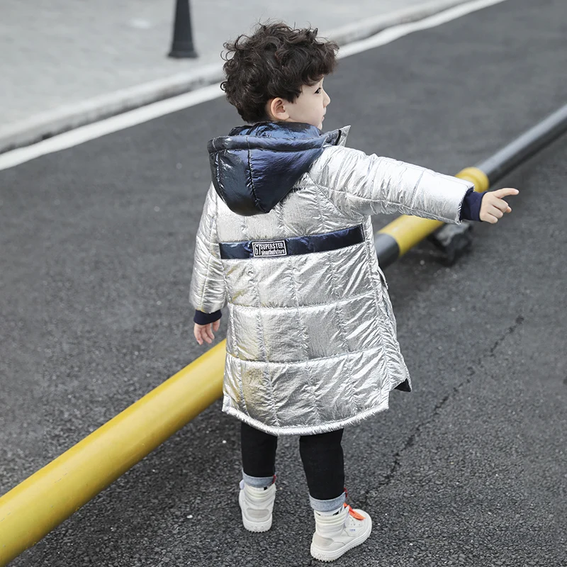 Зимняя куртка на белом утином пуху для мальчиков, детское теплое толстое модное пуховое пальто с капюшоном, детская одежда серебристого цвета