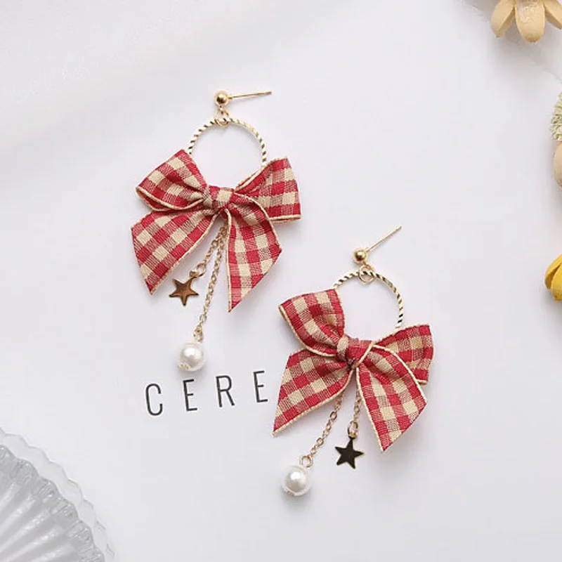 

2018 Sweet Cute England Red Plaid Fabric Bow Simulated Pearl Star Drop Earrings for Women Girls Wedding Bridal Handmade Jewelry