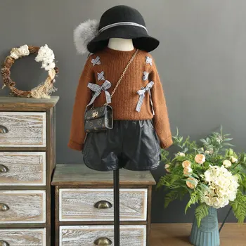 

Girl sweaters for kids 2020 autumn and winter girls sweater tops sweet retro lattice lace bow tie loose rabbit sweater