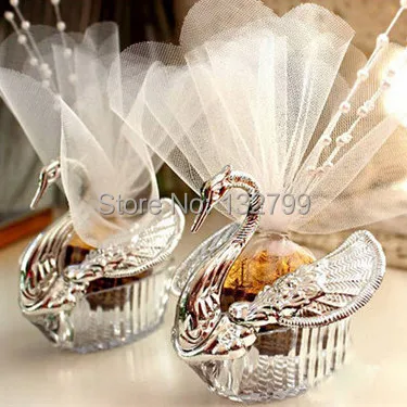 

Elegant Organza Clear Acrylic Swan Candy Box Wedding Favor Gift Boxes Sweet Candy Holders Silver Color Party Decorations