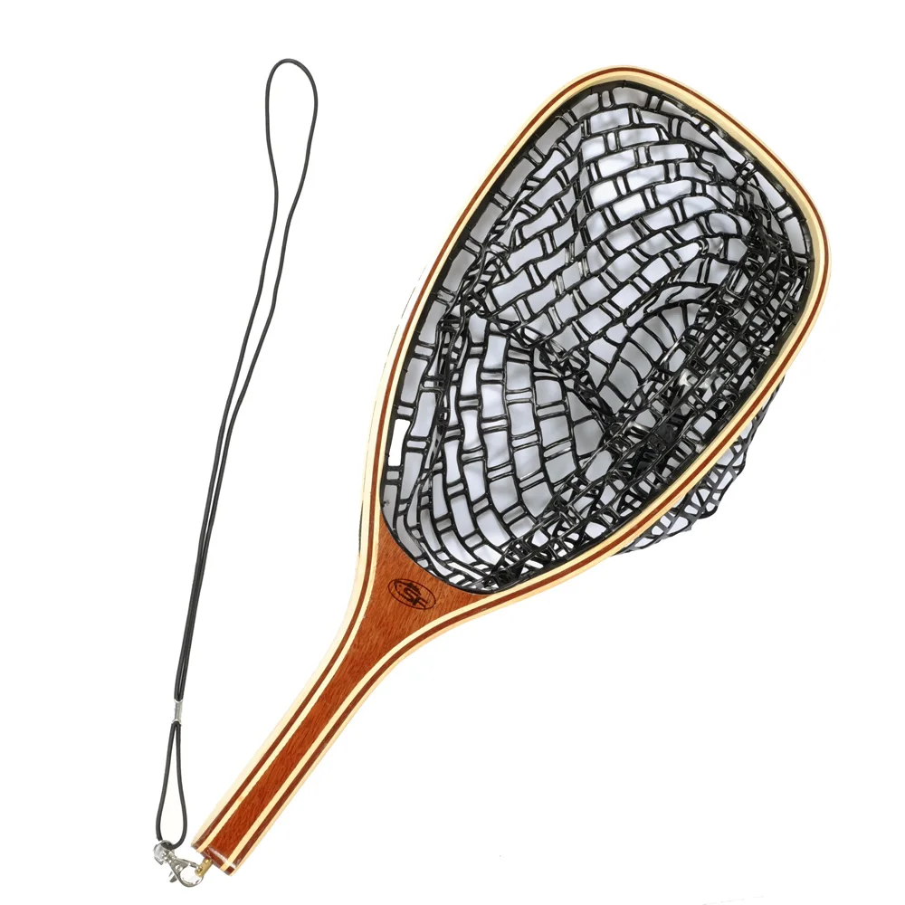 

SF Wood Black Rubber Fly Fishing Trout Landing Net Catch and Release Streamside