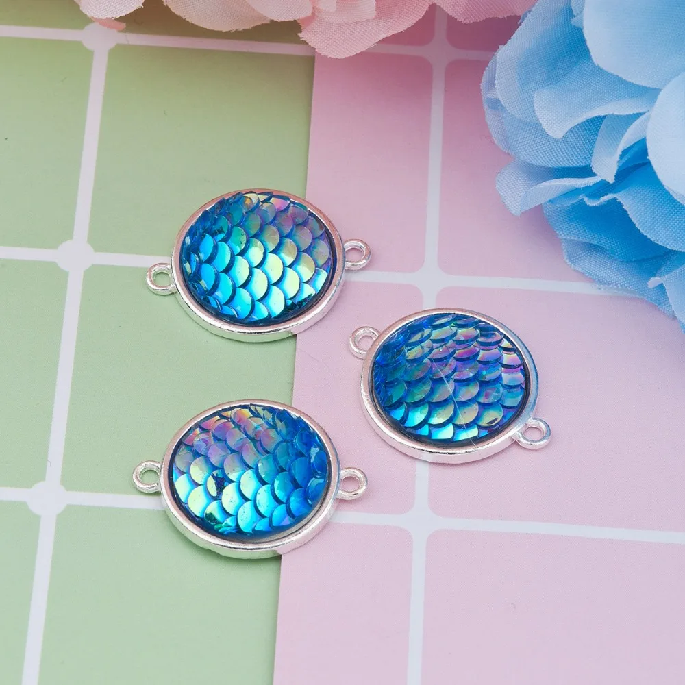 

Mermaid series self made Silver Blue AB color fish Flake Resin Patch Circular Zinc alloy connector For Woman DIY Earings Rings