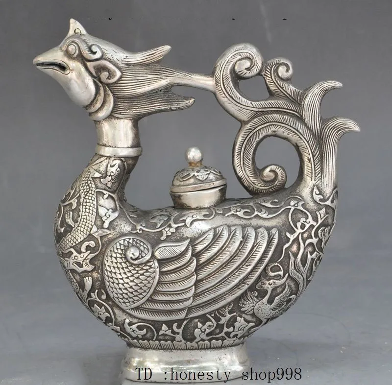 

old Chinese fengshui silver dragon phoenix bird statue Wine TeaPot Flagon pot