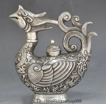 

old Chinese fengshui silver dragon phoenix bird statue Wine TeaPot Flagon pot