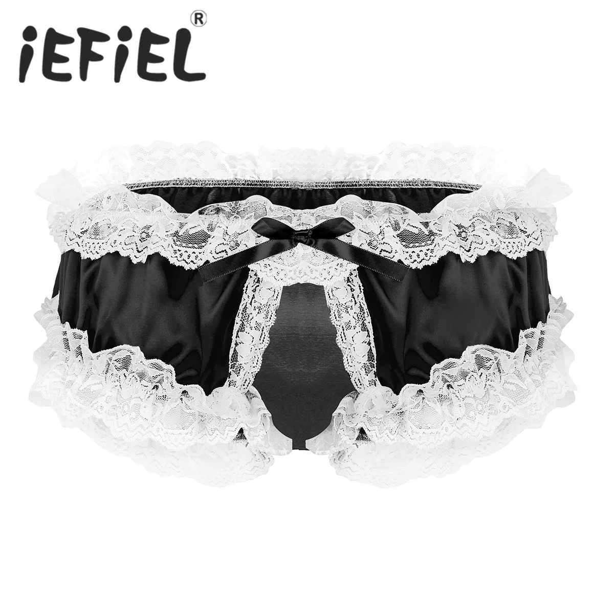 

Fashion Sexy Male Mens Super Soft Satin Fabric Ruffled Lace Lingerie Super Frilly Ruffled Crotchless Sissy Briefs Underwear