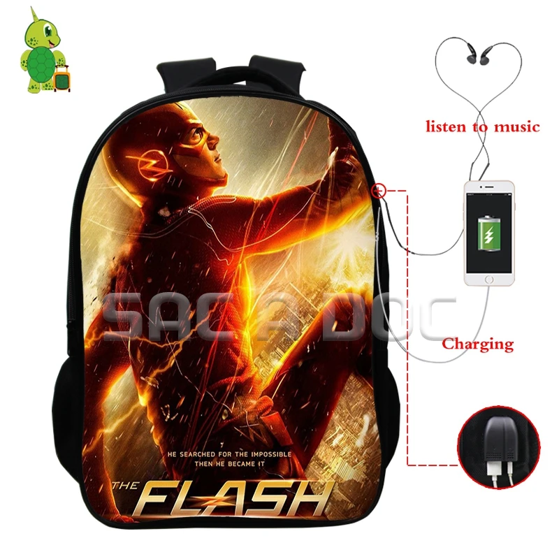 Flash Super Hero Print Backpack USB Charge Headphone Jack Laptop Bags