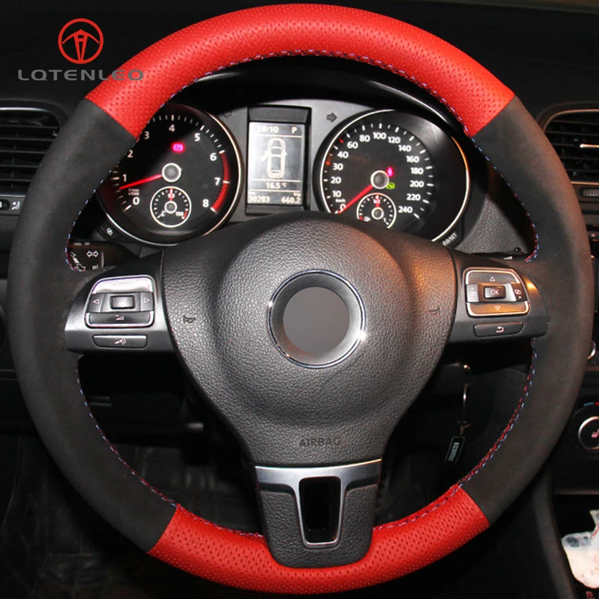 LQTENLEO Red Genuine Leather Black Suede Car Steering Wheel Cover for