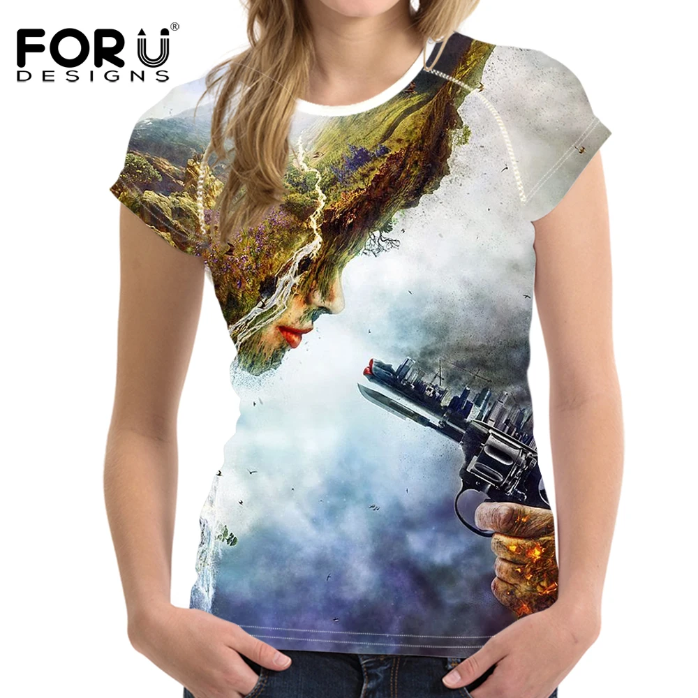 

FORUDESIGNS Character Print T Shirt Women Creative Design Funny Tee Shirt Females Fitness Clothing for Teen Girl Gun Pattern Tee