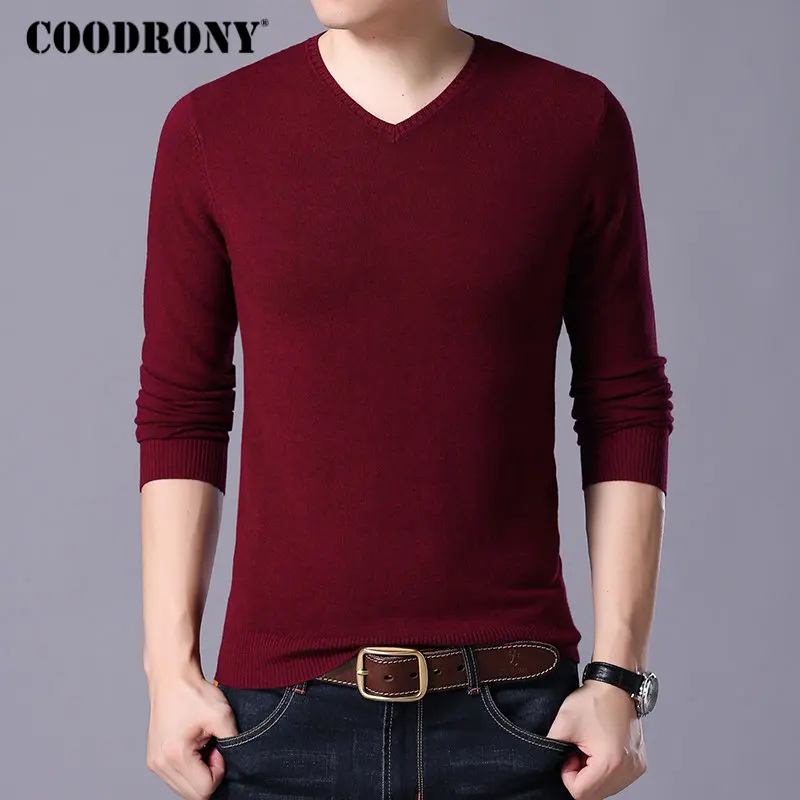 Свитер COODRONY, пуловер, Мужская одежда, осень-зима, вязанный шерстяной свитер, приталенный, чистый цвет, Повседневный, v-образный вырез, Pull Homme 8214 - Цвет: Красный