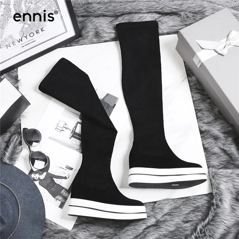 ENNIS/; Черные Сапоги выше колена; женские эластичные сапоги на платформе; замшевые кожаные сапоги до колена; обувь, увеличивающая рост; облегающая обувь; L782