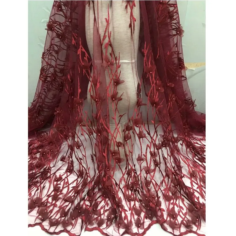 Green 3D peach flower applique African lace fabric Nigerian embroidery